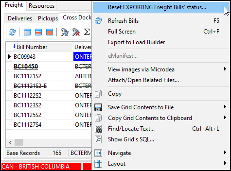 The Reset EXPORTING Freight Bills' status option in a shortcut menu.
