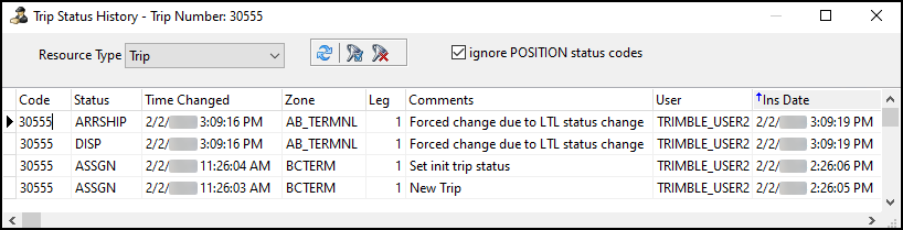The Trip Status History window.