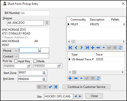 The Short Form Pickup Entry window.