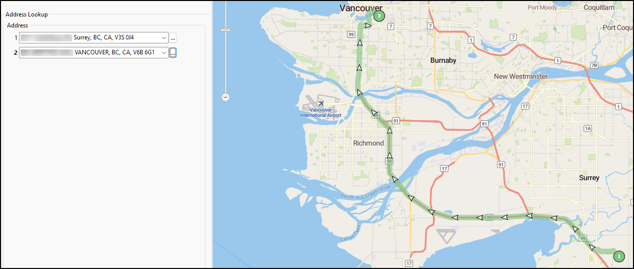 A route plotted between two addresses.