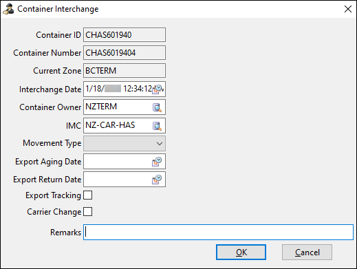 The Container Interchange window.