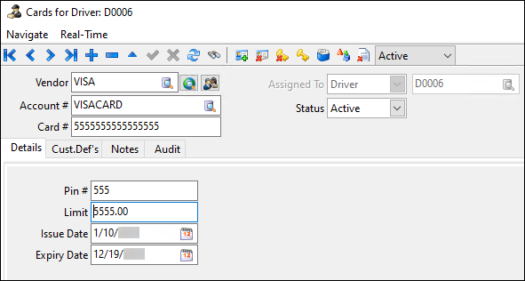 Credit card details such as credit card type