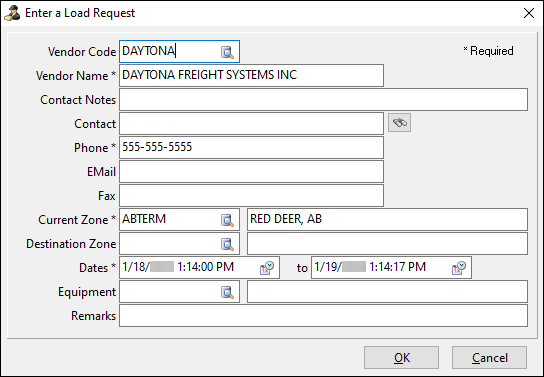 Load request details such as vendor