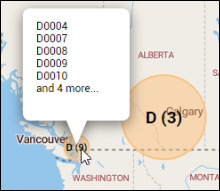 An orange circle on the map with the letter D and the numbers 9 and 3. There is a list of driver IDs that are in the circle.