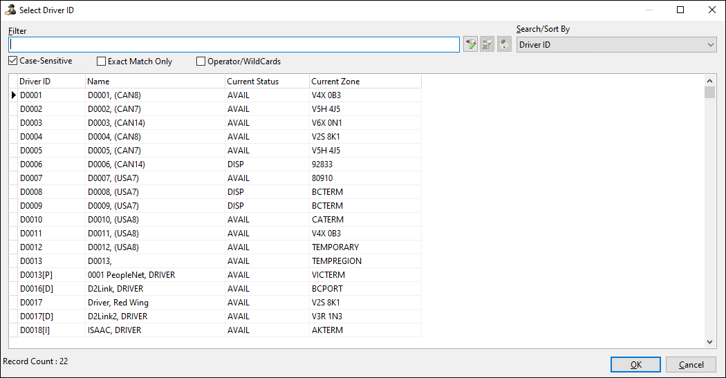 A window with a list of drivers and their information.