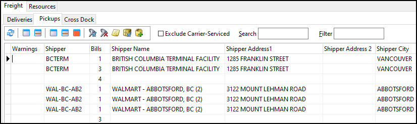 A list of shippers and how many freight bills they have.