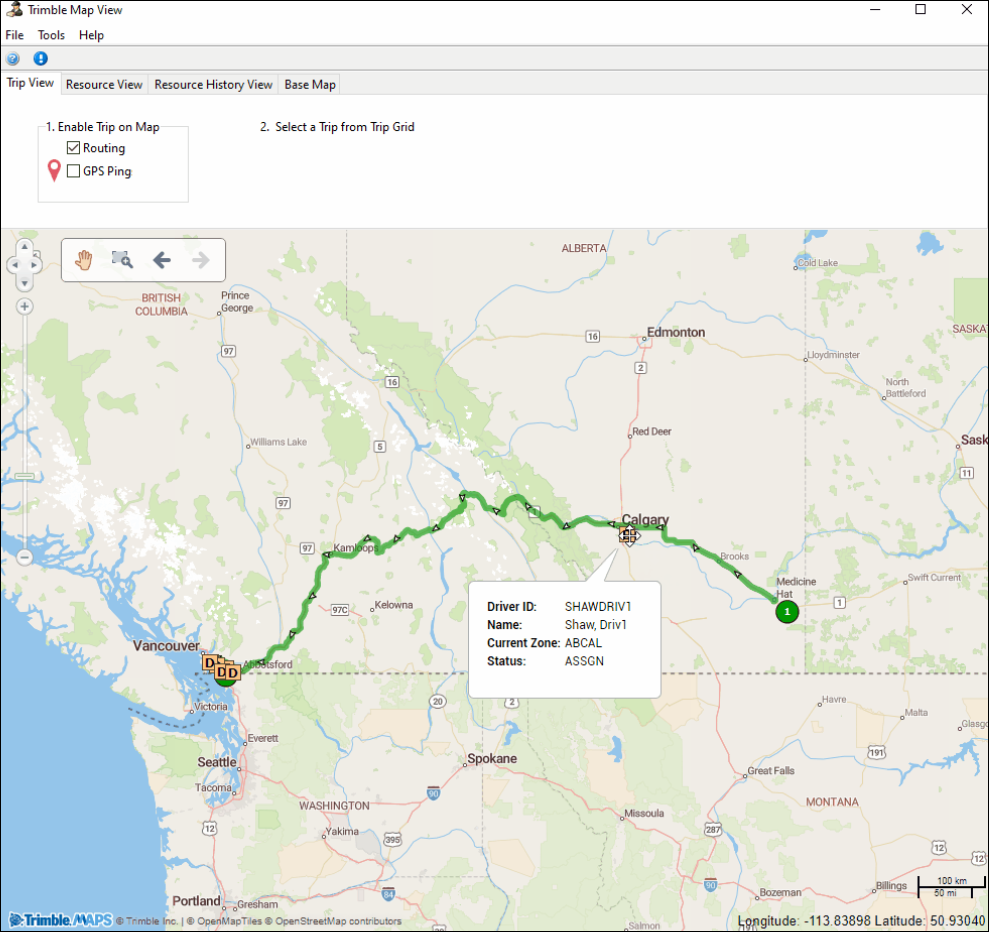 A map of a trip’s route. A driver pin is highlighted showing the driver’s name