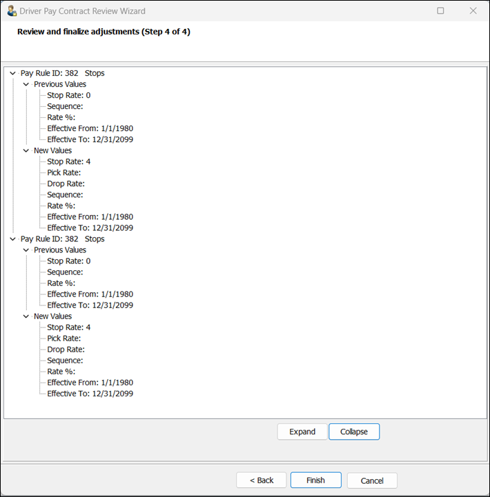 A summary of the options selected for a rule