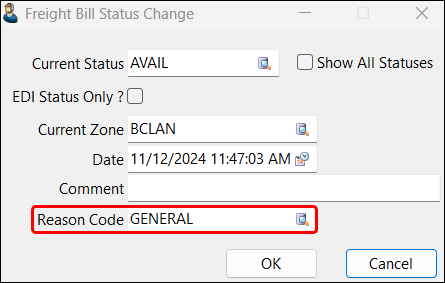 The Freight Bill Status Change window with the Reason Code field emphasized.