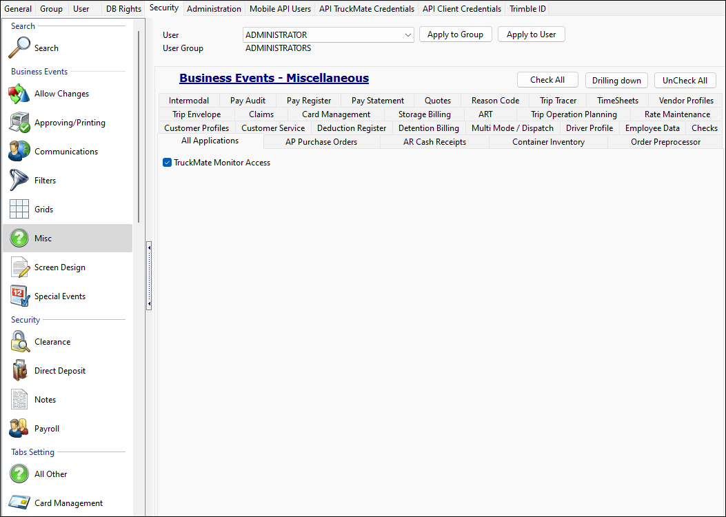 The Security tab in Security Configuration.