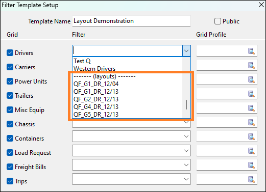 The layouts section of the filter list.
