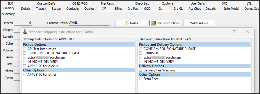 The Shipping Instructions window with a panel for each company.
