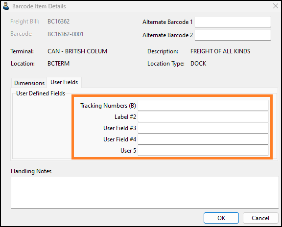 The User Fields tab of Barcode Item Details.