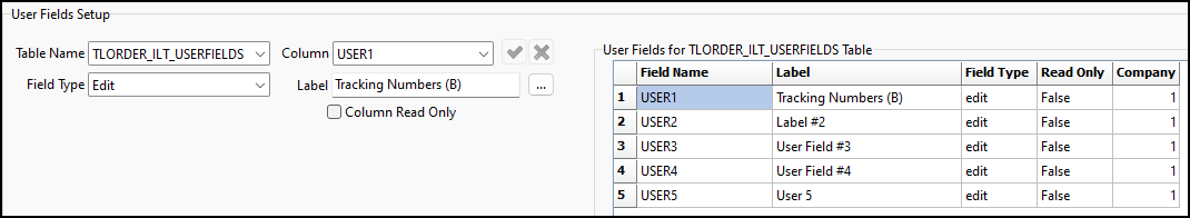 The User Fields Setup pane for TLORDER_ILT_USERFIELDS.
