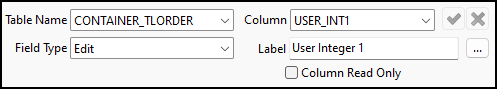 The CONTAINER_TLORDER User Fields setup pane with a USER_INT label.
