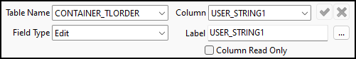 The CONTAINER_TLORDER User Fields setup pane with a USER_STRING label.