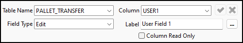 The PALLET_TRANSFER User Fields setup pane.