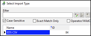The Select Import Type window with the EDS CSV format selected.