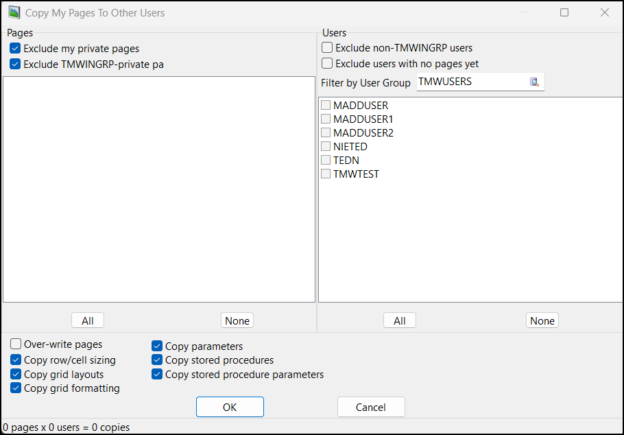 The Copy My Pages To Other Users window.