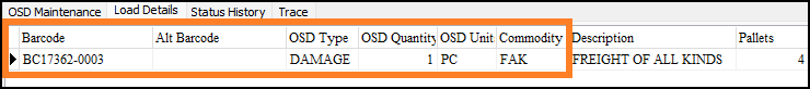 An OSD barcode item on the Load Details grid.