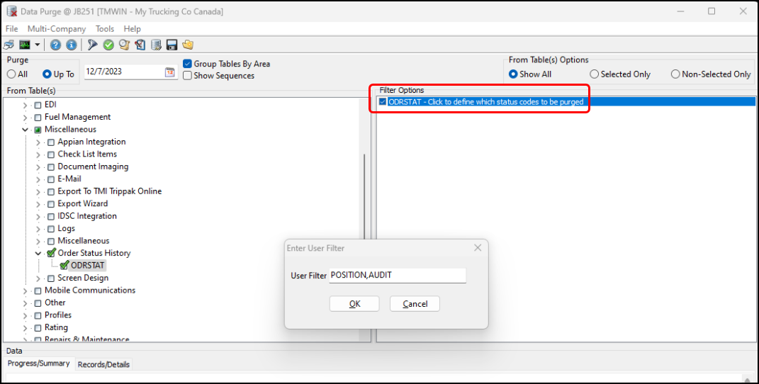 The Filter Options pane for ODRSTAT in Data Purge.