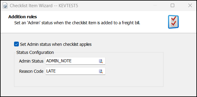 The Set admin status rule in the Checklist Item Wizard.