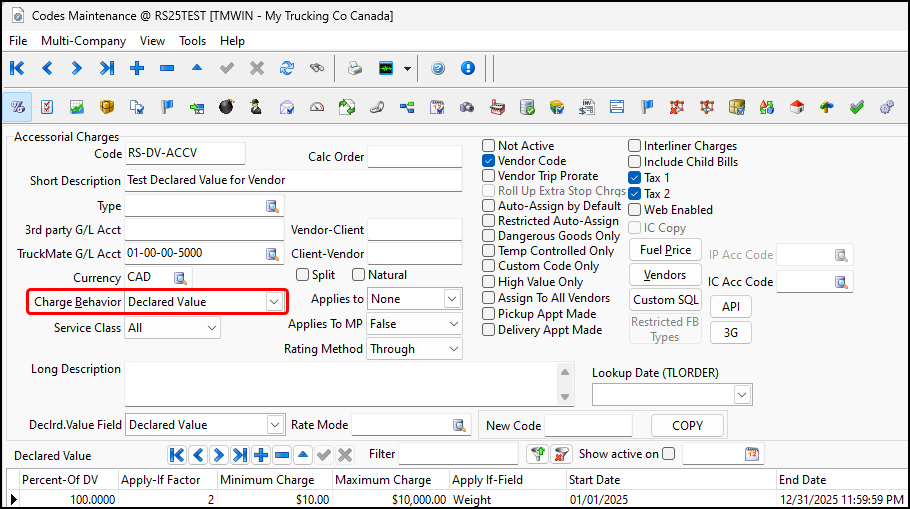 An accessorial charge with Declared Value as its Charge Behavior.