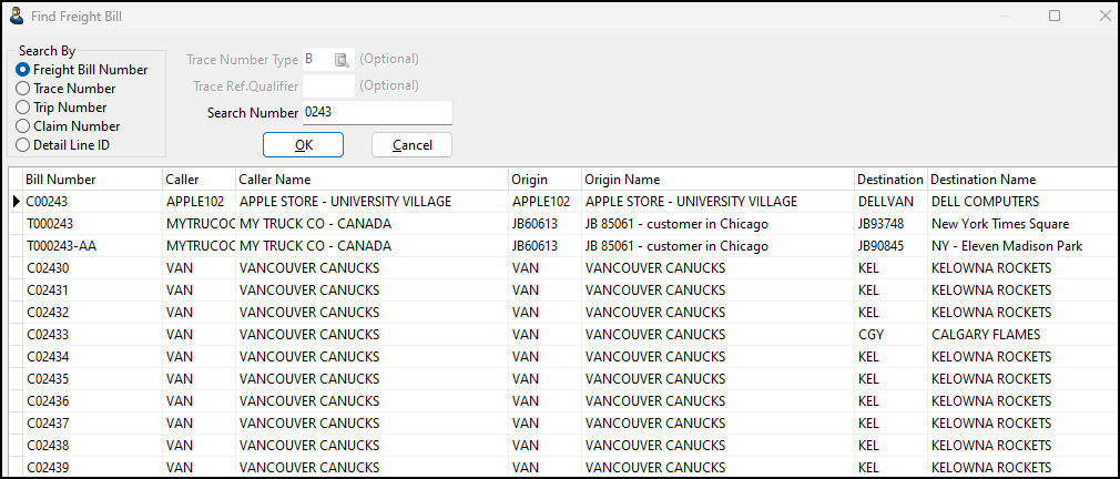 An example of a freight bill search without using wildcard symbols.