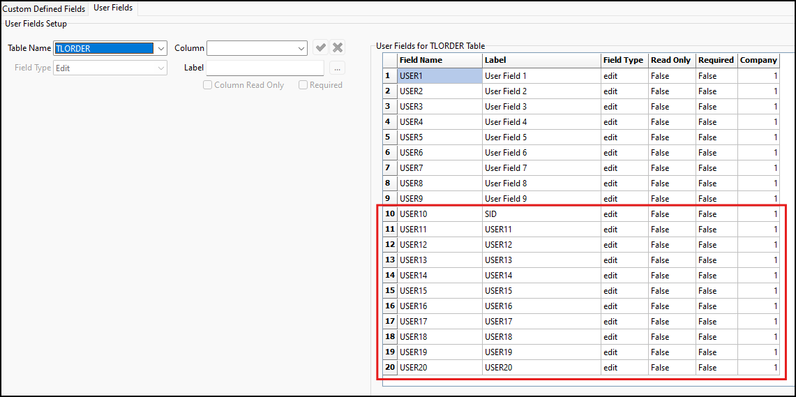The TLORDER user field table.