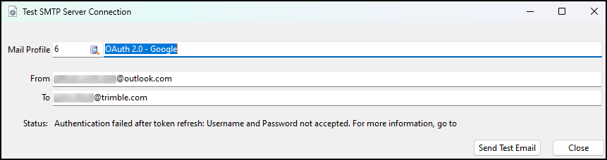 The Test SMTP Server Connection window.