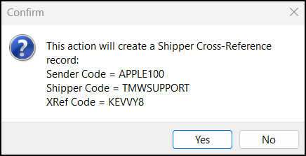 A confirmation window saying an action will create a shipper cross-reference record.