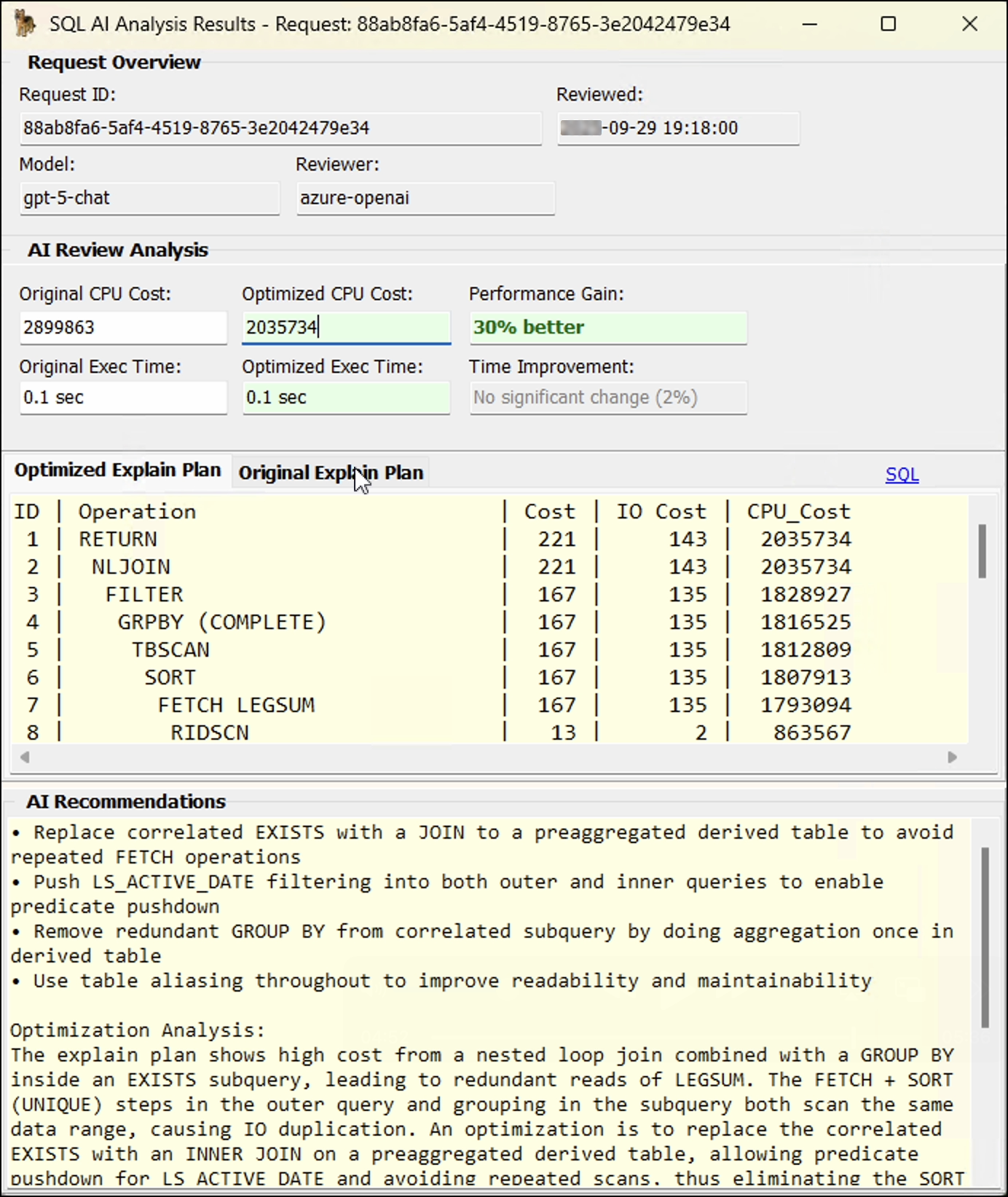 An SQL AI analysis result.