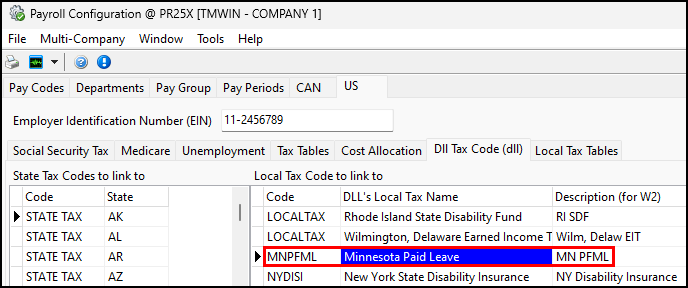The Local Tax Code grid with an MN PFML code.