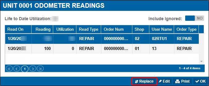 Odometer Readings window for unit 0001.