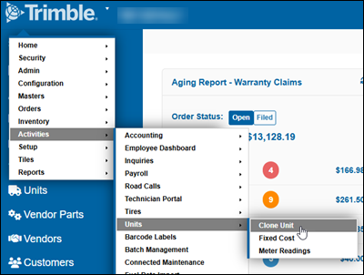 The menu showing the Activities Clone Unit option