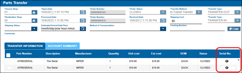 Parts Transfer page with the Serial No. column emphasized