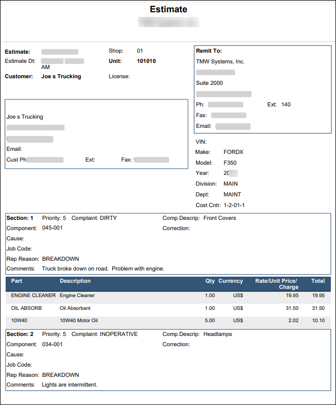 A sample Estimate report