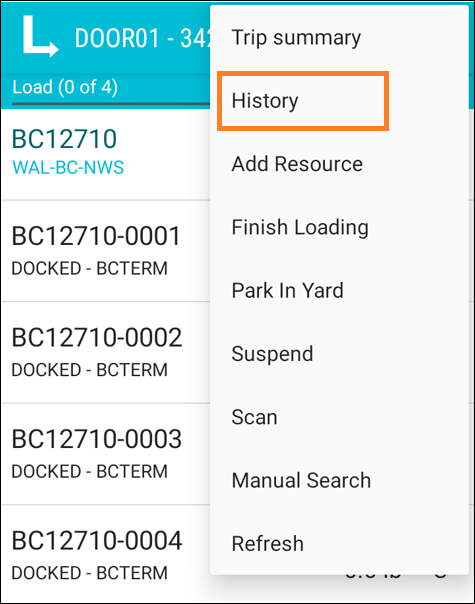 A menu in a loading door page with the History option emphasized.