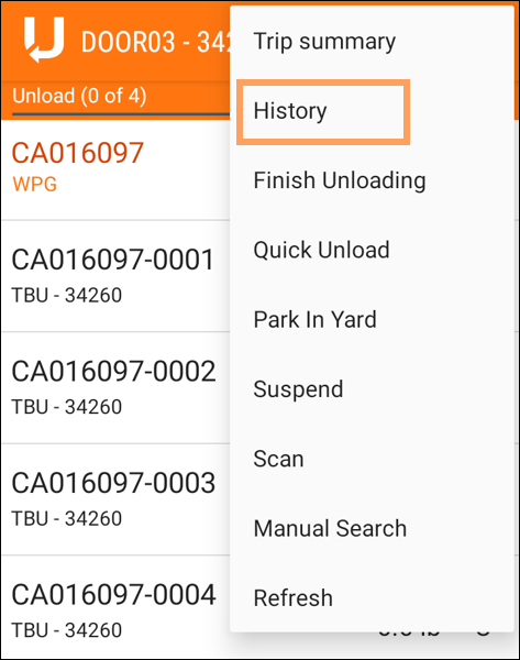 A menu in an unloading door page with the History option emphasized.