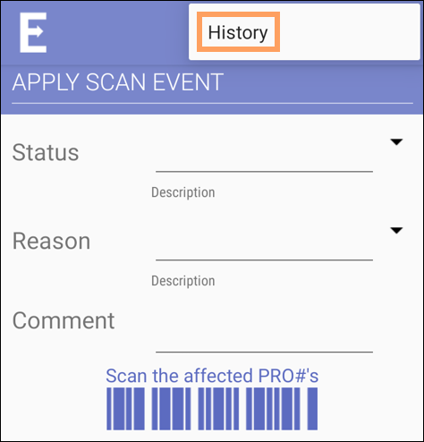 A menu in the Apply Scan Events screen with the History option emphasized."