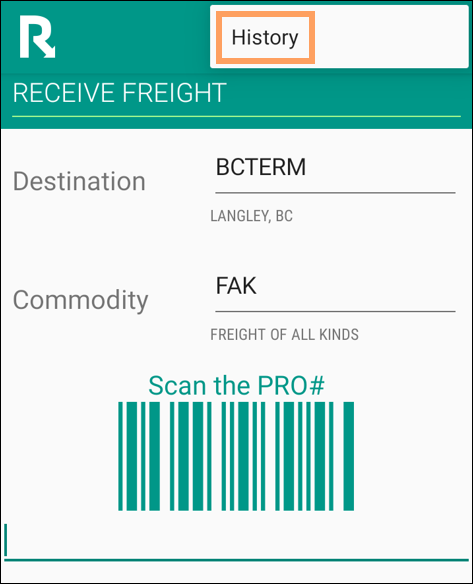 A menu in the Receive Freight page with the History option emphasized.