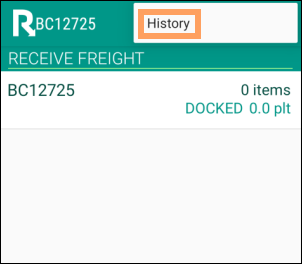 A menu in the Receive Freight details page with the History option emphasized.