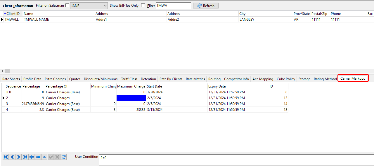 The Carrier Markups tab.