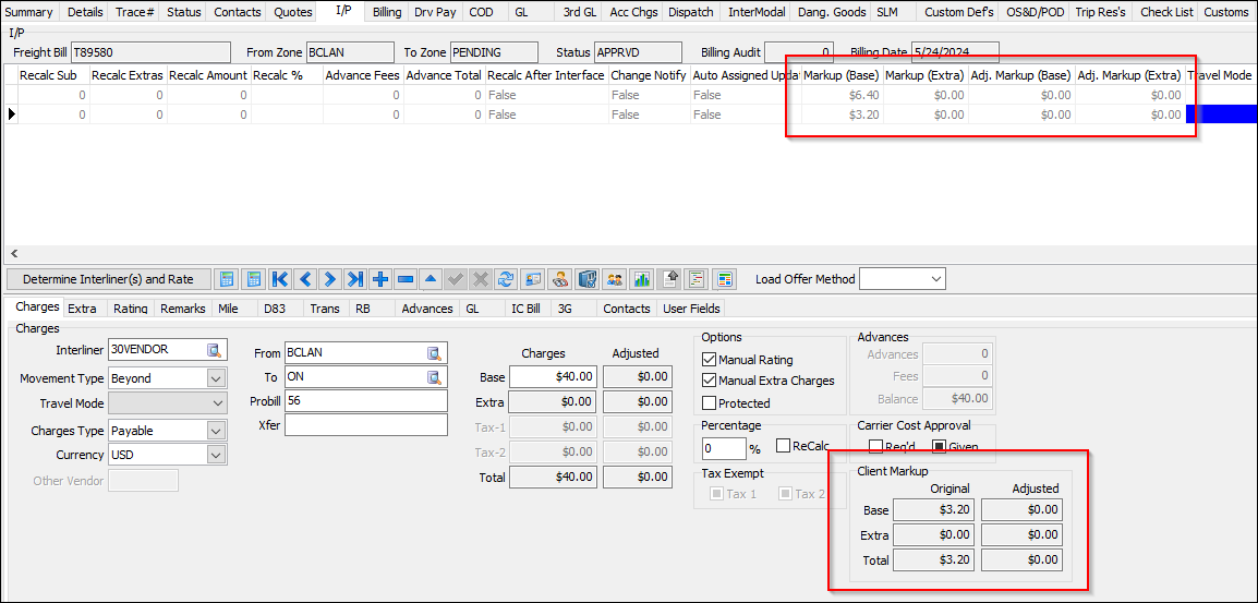 The IP tab and the Charges sub-tab.