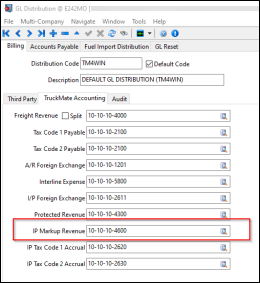 The Billing tab of GL Distribution with the IP Markup Revenue field emphasized.