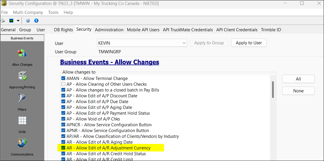 The Allow Edit of A/R Adjustment Currency security config.