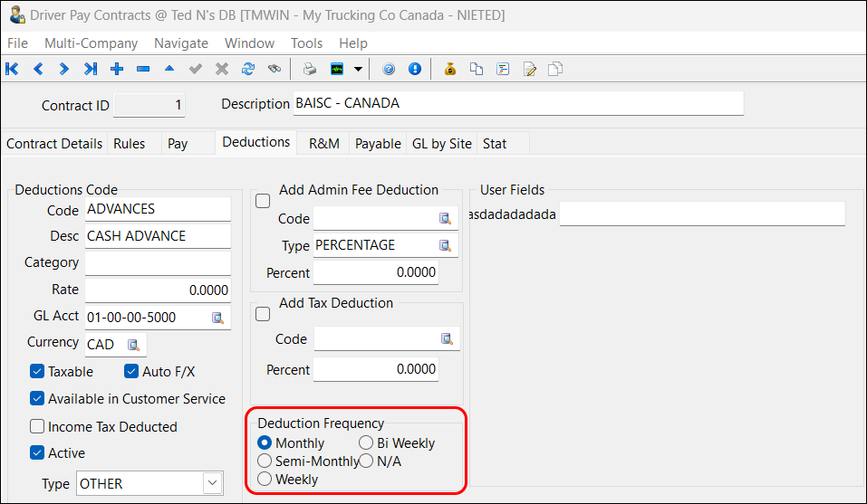 The Deduction Frequency radio button group.