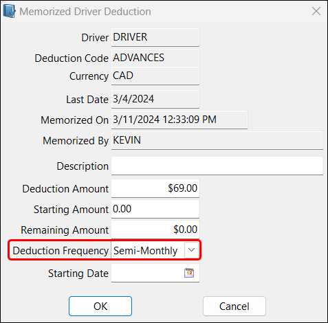 Memorized Driver Deduction window with the Deduction Frequency emphasized.