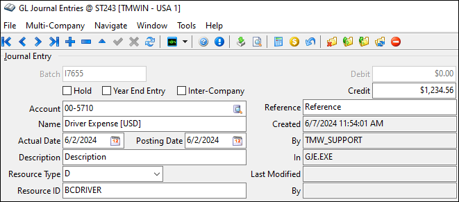 Imported data appearing in the Journal Entry fields.