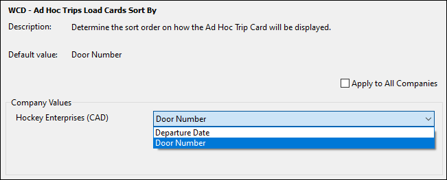 The WCD - Ad Hoc Trips Load Cards Sort By app config."